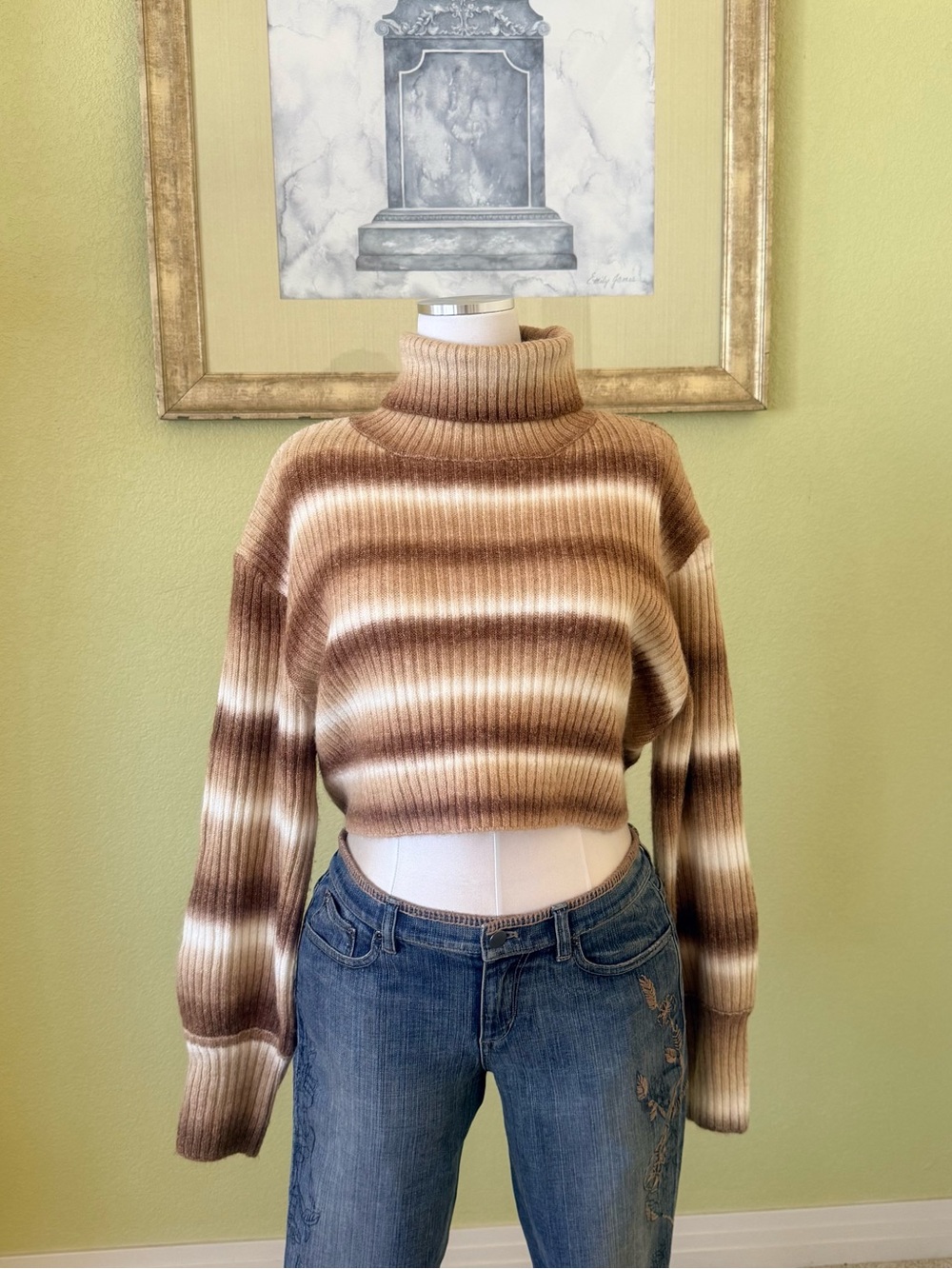 Cider Striped Ribbed Cropped Turtleneck Sweater in Brown and Cream